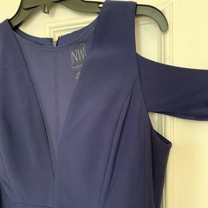 Navy Jersey Mesh Paneling Shoulder Cut out Gown